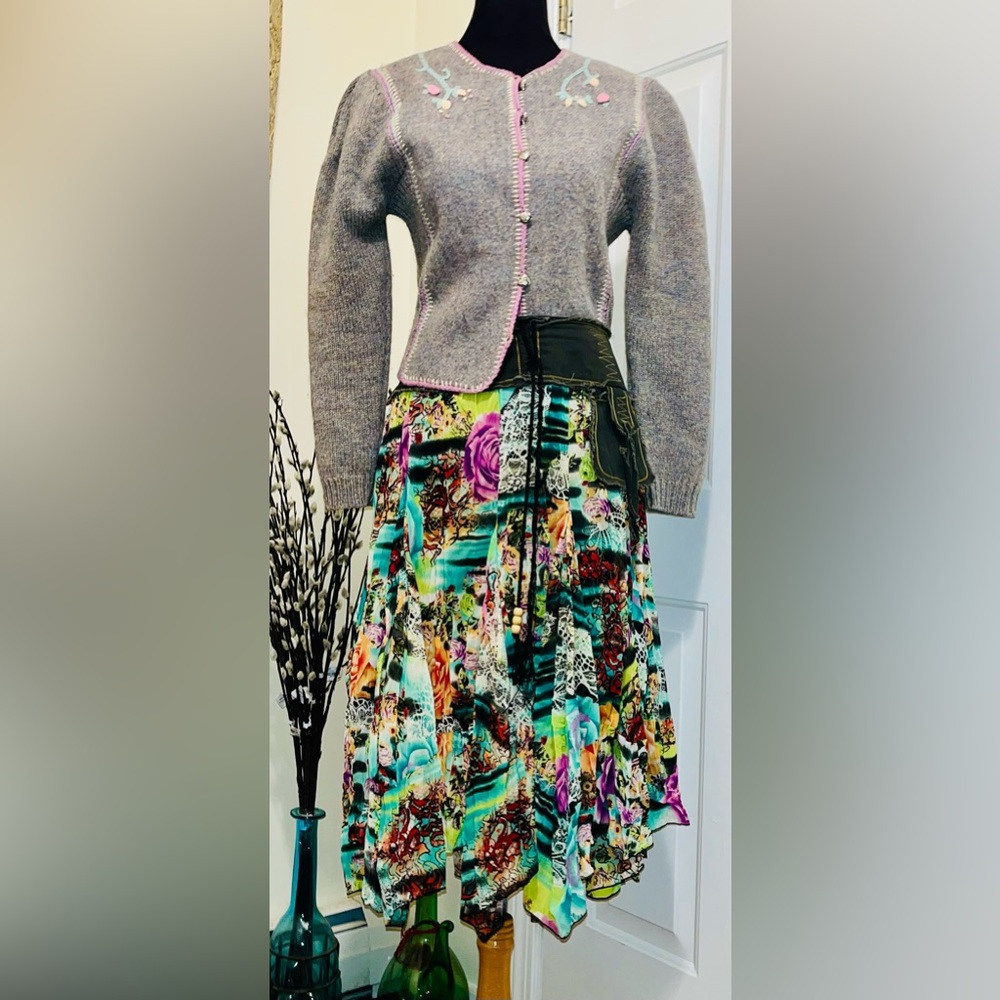 Alberto Maki Denim Top Flowy Floral Multicolor Skirt
